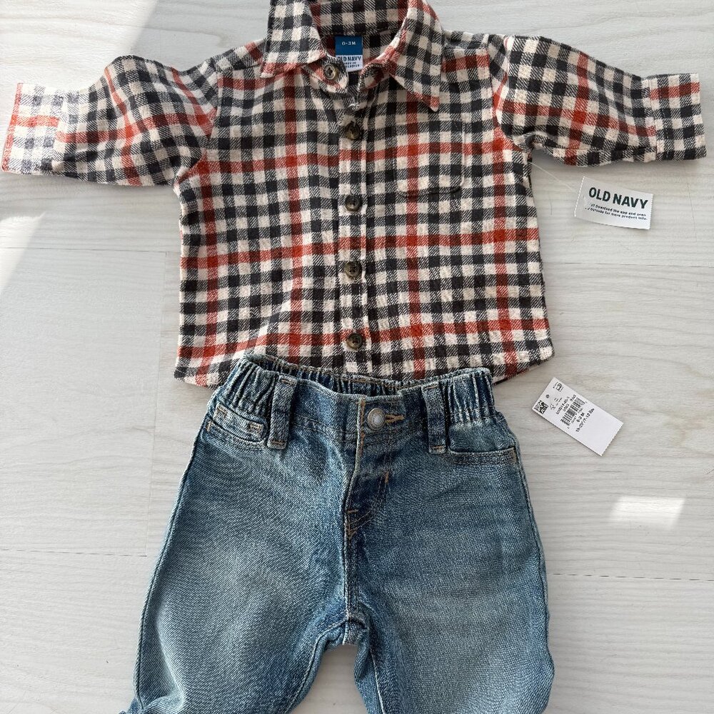 NWT Old Navy Baby Denim Jeans and Button Down Flannel 0-3M Black/White/Red